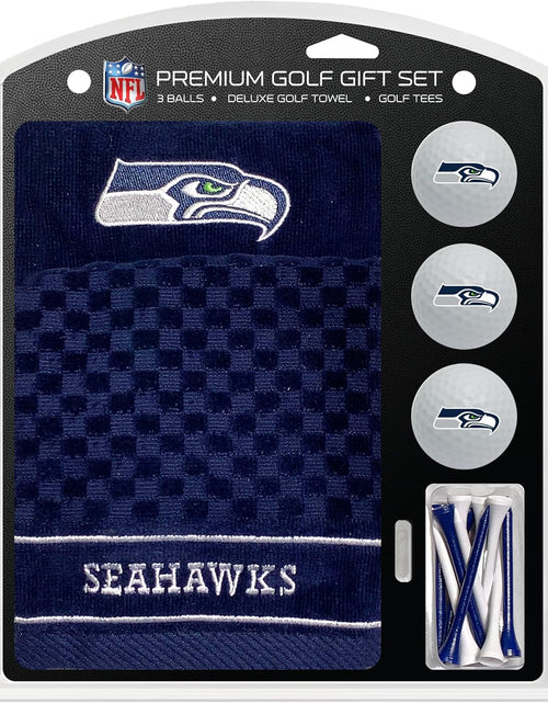 Load image into Gallery viewer, Premium NFL Golf Gift Set: Embroidered Deluxe Golf Towel, 3 Golf Balls, and 14 Golf Tees (2-3/4&quot; Regulation)
