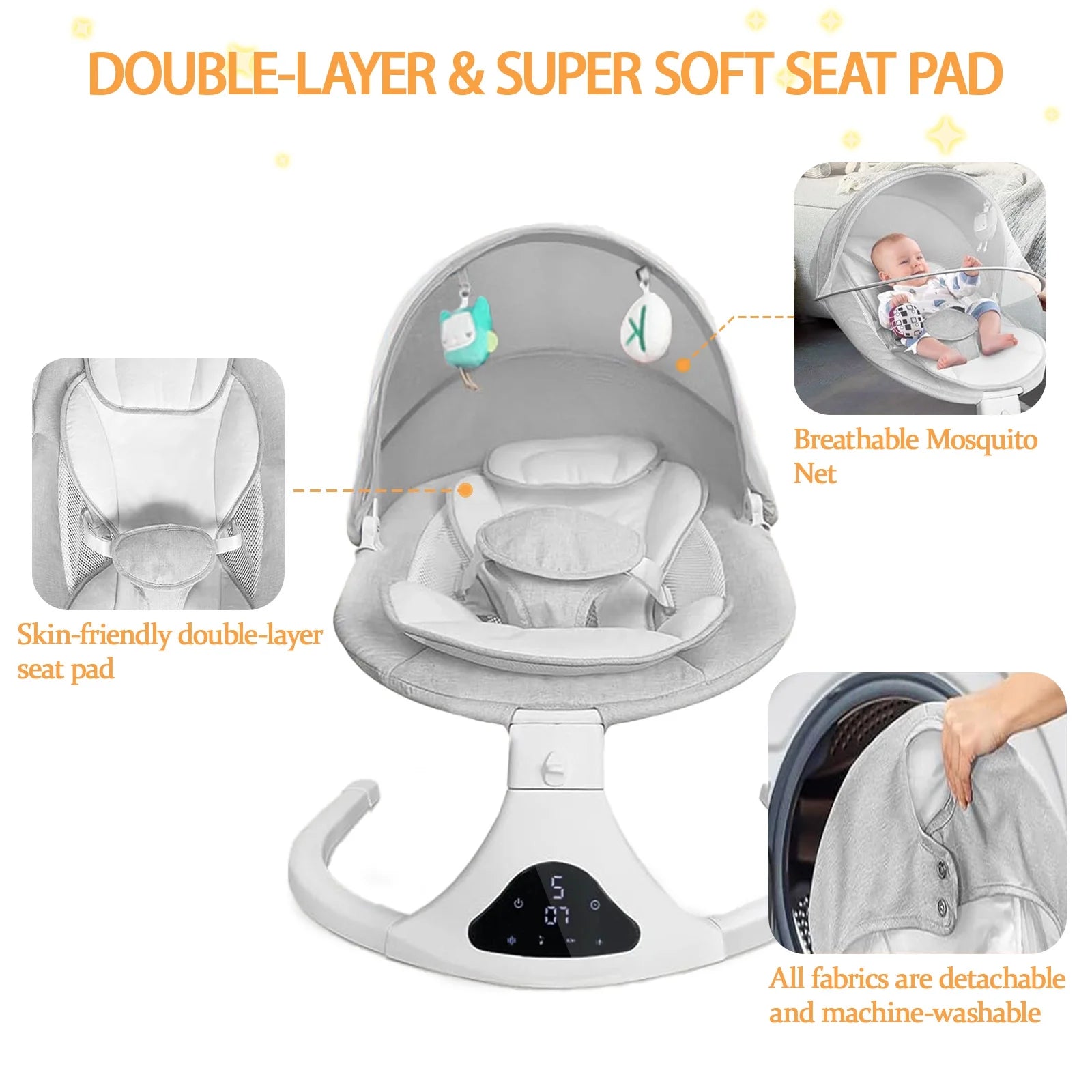 Electric Baby Swing for Infants, Bluetooth Swing Baby Bouncer Baby Rocker with Intelligence Timing, Gray