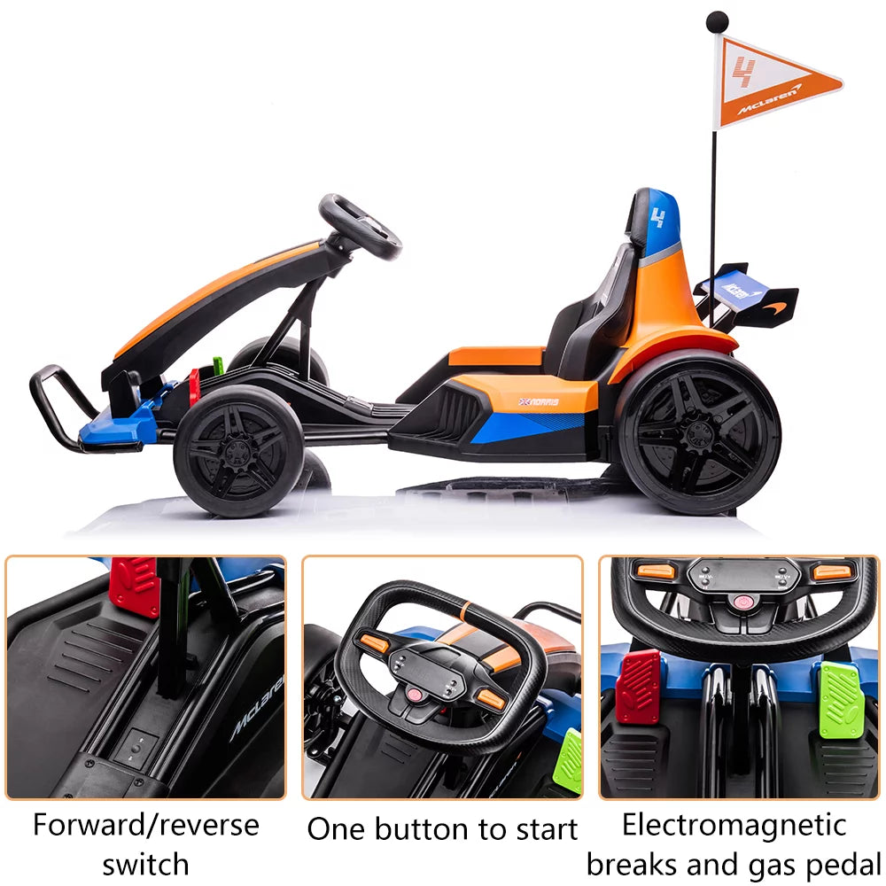 Licensed Mclaren Kids Go Kart, 24V Battery Powered Ride on Car Toy with Bluetooth Function, Safety Belt, LED Lights, Two-Mode Electric Go Cart, Drift Racer Car for Boys Girls