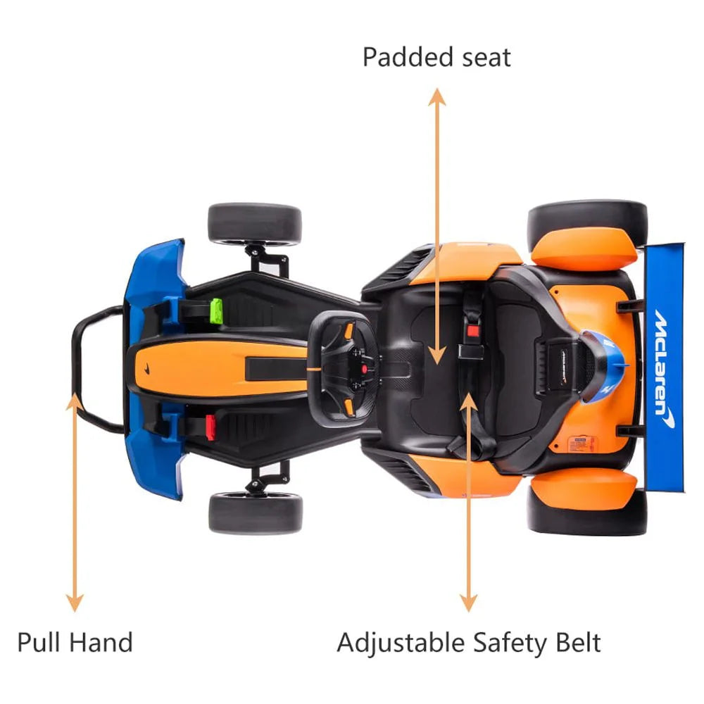 Licensed Mclaren Kids Go Kart, 24V Battery Powered Ride on Car Toy with Bluetooth Function, Safety Belt, LED Lights, Two-Mode Electric Go Cart, Drift Racer Car for Boys Girls