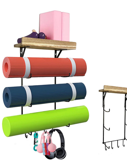 Load image into Gallery viewer, Yoga Mat Holder, Yoga Mat Storage Wall Mount Sturdy Yoga Mat Rack Organizer with 4 Hooks for Foam Roller Resistance Bands and Yoga Equipment Accessories at Home Gym
