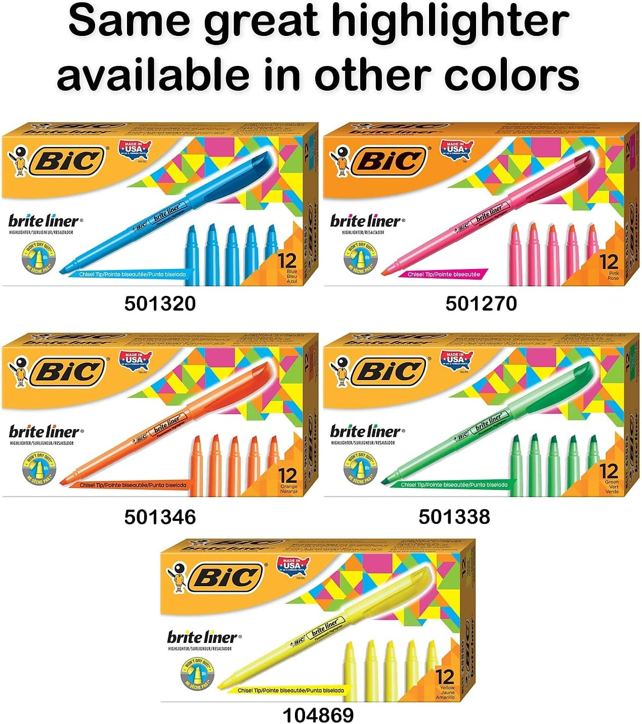 Brite Liner Highlighters, Chisel Tip, 12-Count Pack of Highlighters Assorted Colors, Ideal Highlighter Set for Organizing and Coloring