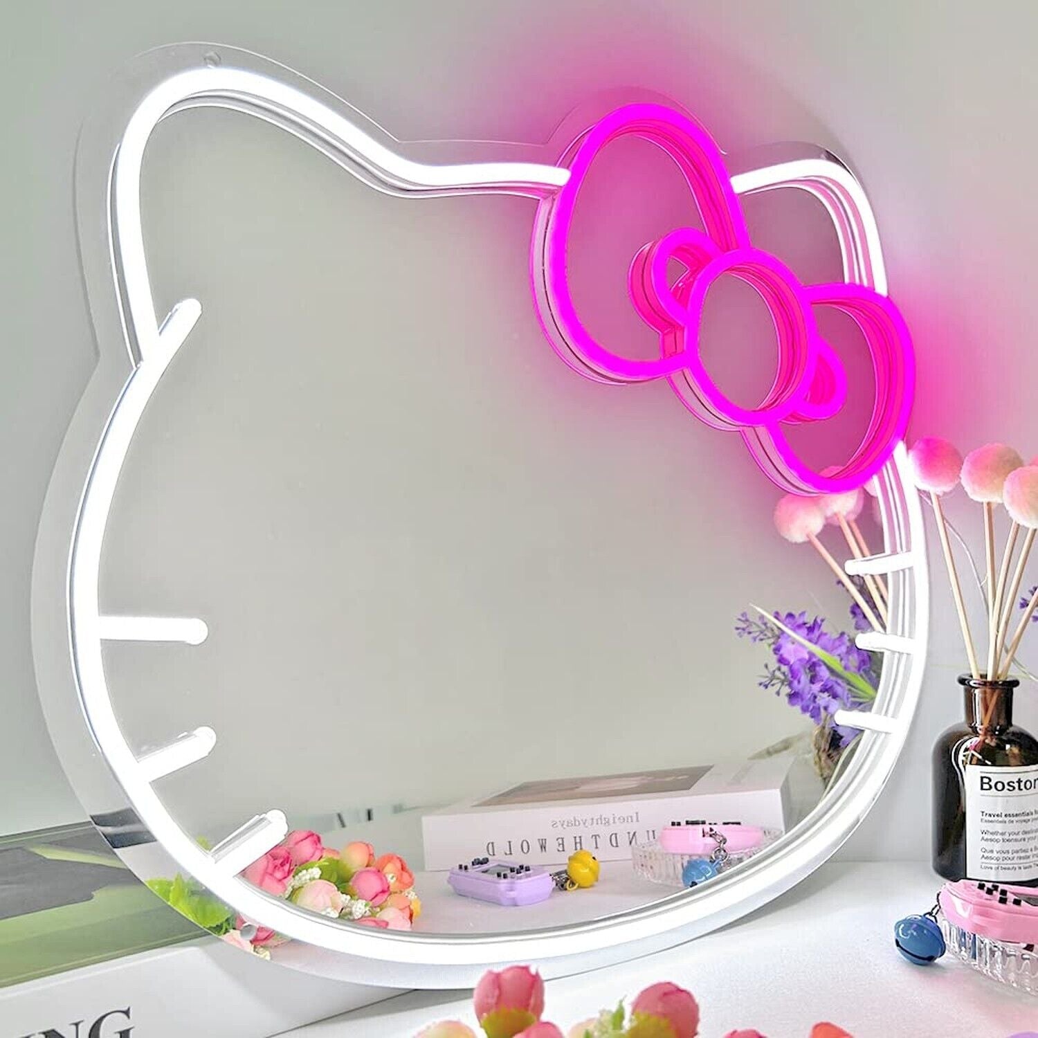 Wall Mirror with 12V Adapter, L16.1" W14.1" Anime Neon Sign for Dresser, Lock...