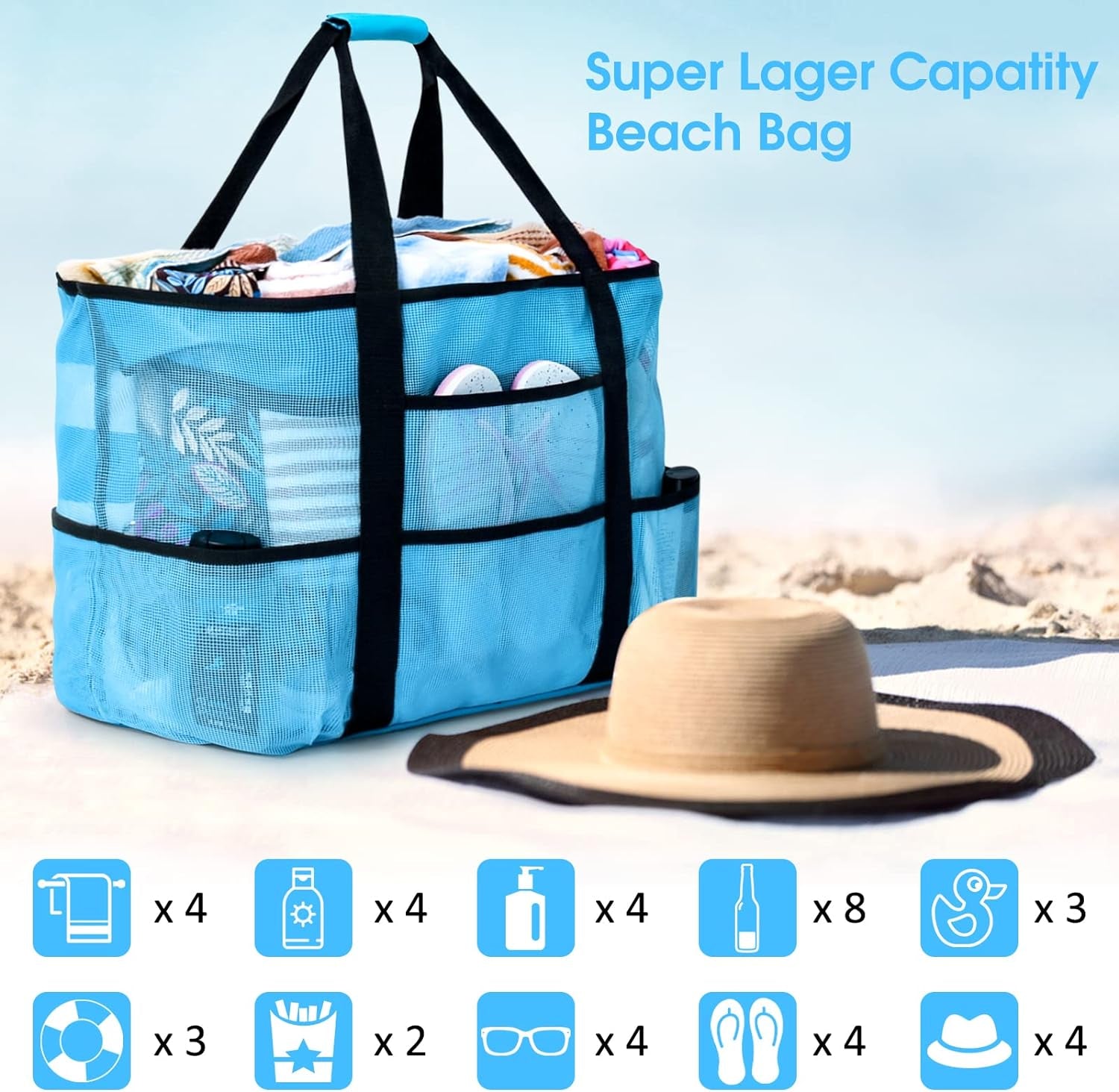 Beach Bag, Extra Large Beach Bags for Women Waterproof Sandproof, Mesh Beach Tote Bags Travel Pool Bag