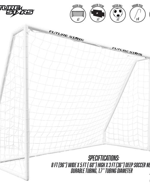 Load image into Gallery viewer, 8Ft Soccer Goal Combo Set with Shooter Tutor, Official Size 5 Soccer Ball and Pump with Pin
